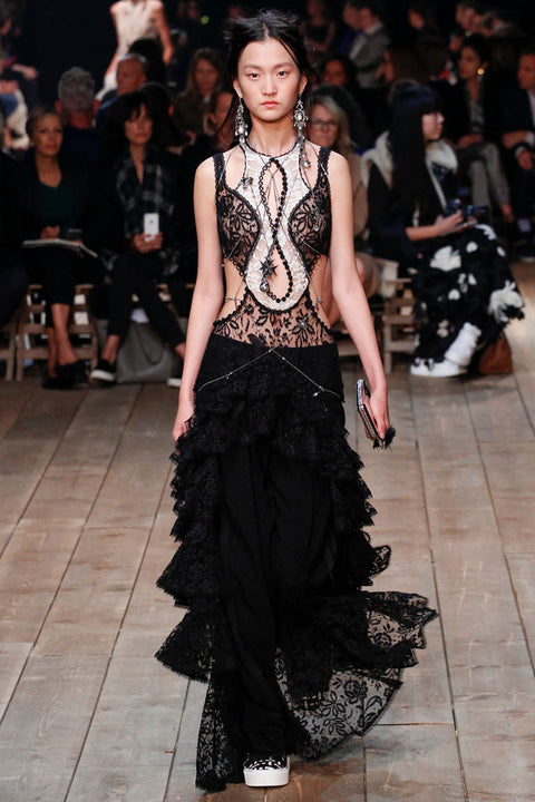 Alexander McQueen S/S 2016 Black And Ivory Lace Cut-Out Tiered High-Low Gown