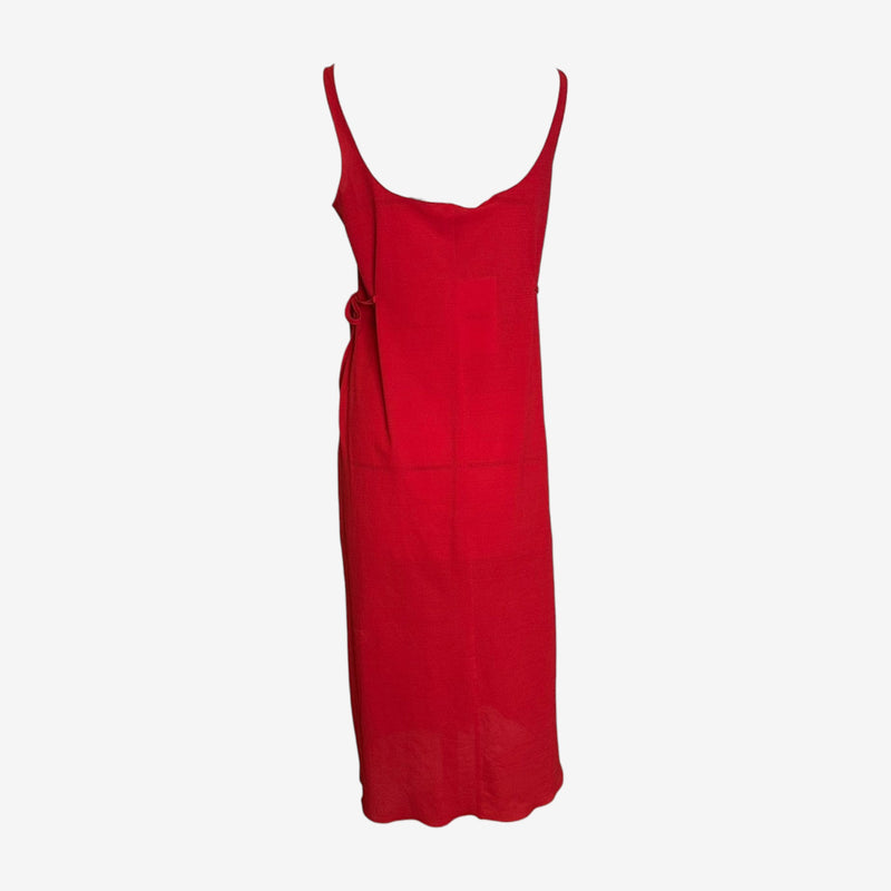 Red silk slip dress by Miu Miu, full length view on figure