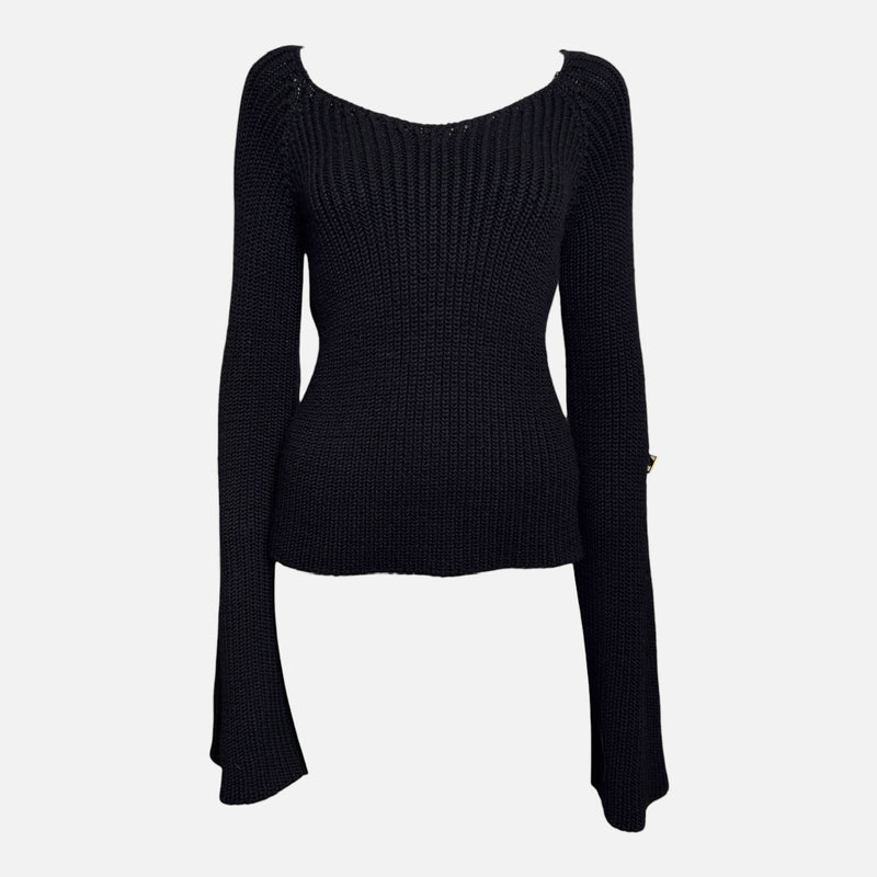 Gucci by Tom Ford F/W 2003 Black Ribbed-Knit One-Shoulder Bell-Sleeve Sweater With Leather Buckle