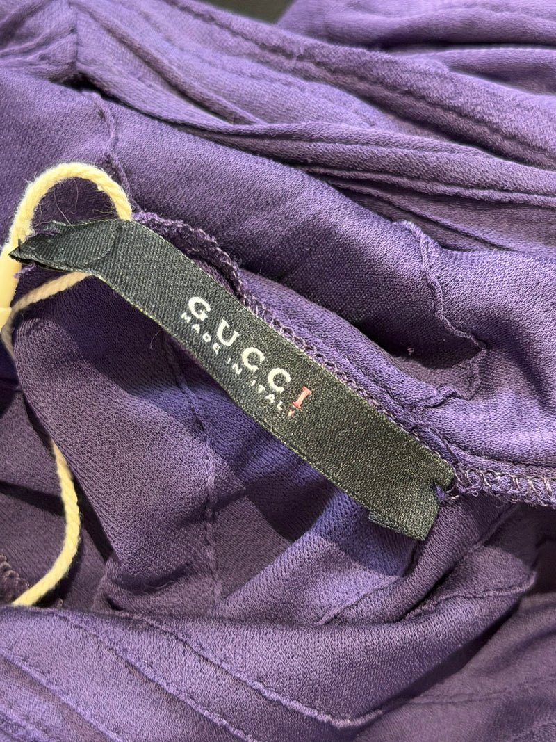 Purple mesh dress by Gucci Tom Ford, back view showing open back design and pleating