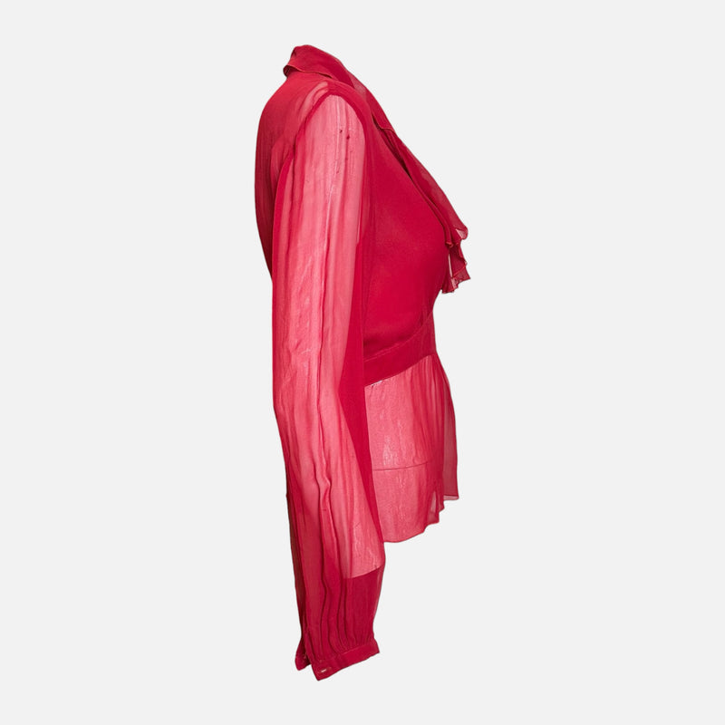 Valentino 2000s Red Sheer Ruffled Peplum Blouse