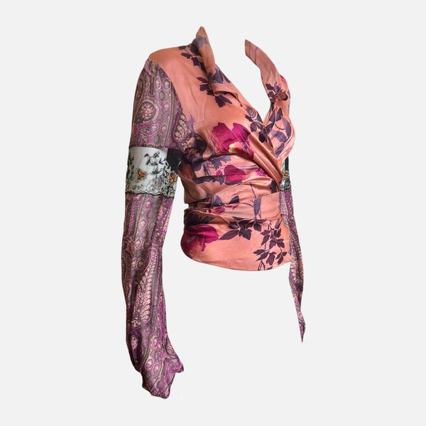 Emanuel Ungaro S/S 2004 Peach Floral & Paisley Print Beaded Lace-Panel Wrap Blouse