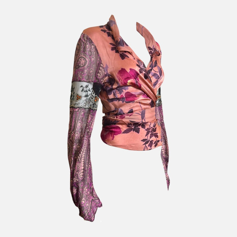 Emanuel Ungaro S/S 2004 Peach Floral & Paisley Print Beaded Lace-Panel Wrap Blouse