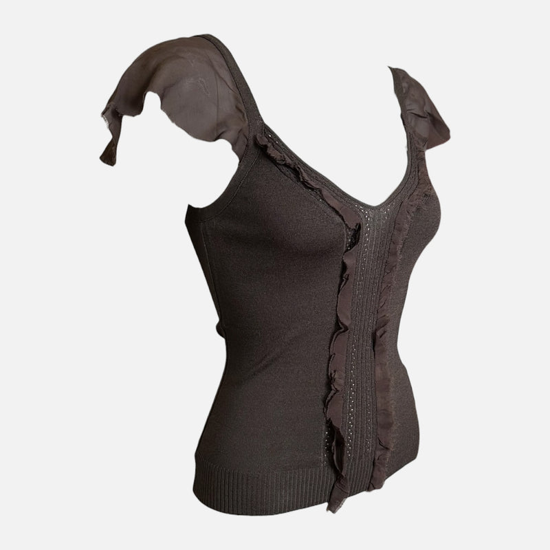 Valentino S/S 2003 Brown Knit Ruffle-Trim Crystal-Embellished Top