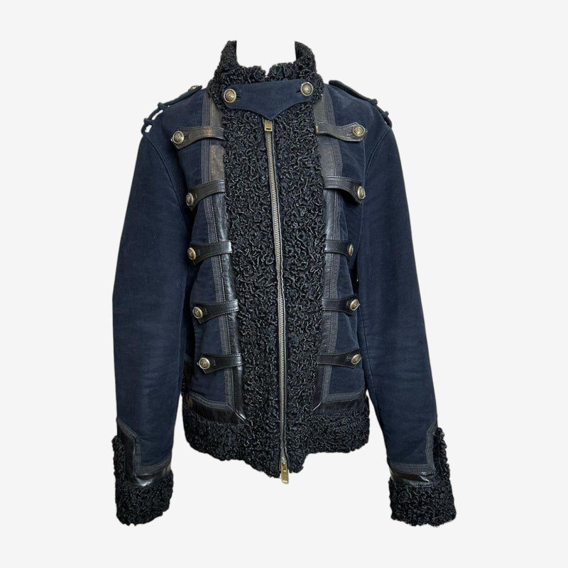 Navy wool military jacket by Gucci, black shearling collar and brass button detailing