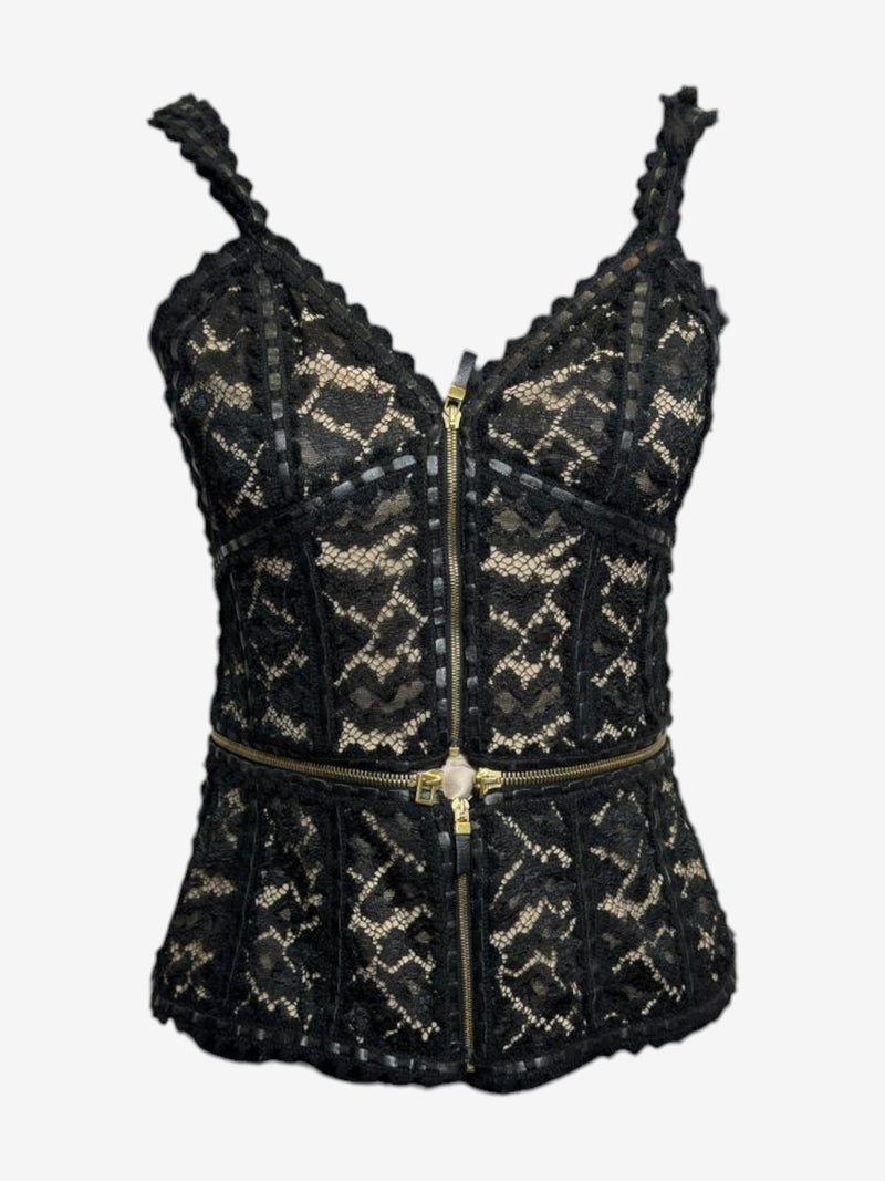 Black lace corset top by Alexander McQueen with gold-tone front zipper, F/W 2003