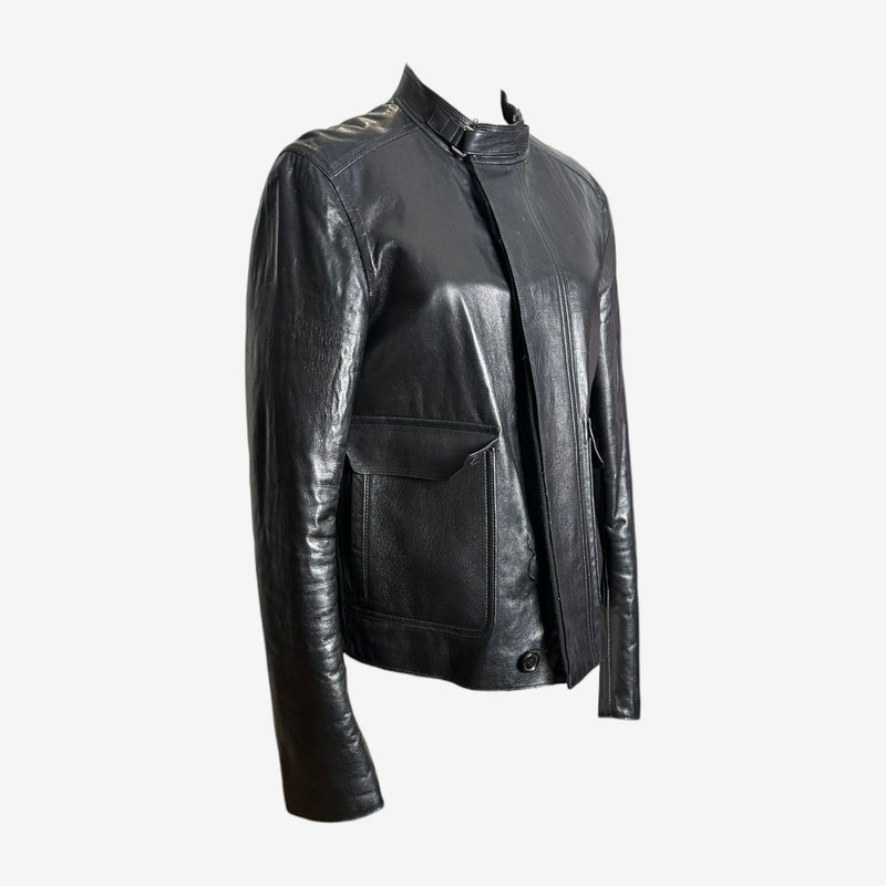 Black leather moto jacket by Gucci Tom Ford, back view with streamlined silhouette