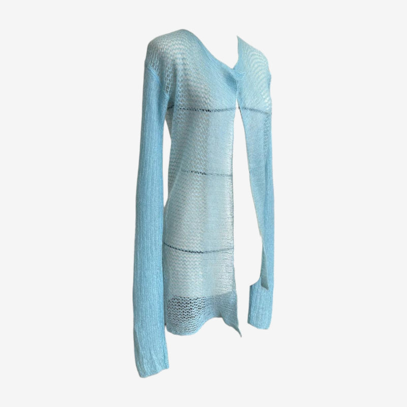 Rick Owens cardigan, side profile showing extended sleeves and textured knit construction