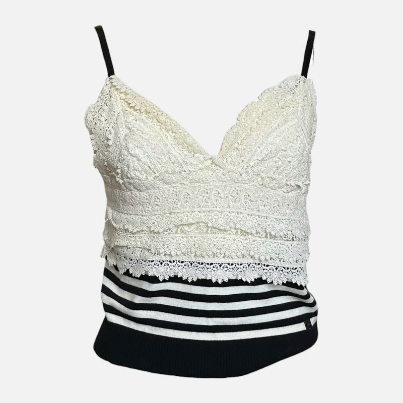 Chanel S/S 2005 Ivory Lace And Black Striped Knit Camisole Top