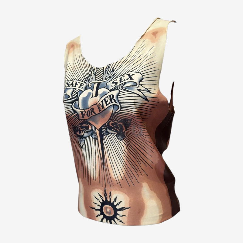 Jean Paul Gaultier mesh top, side view showing tattoo parlor aesthetic print in brown and cream tones