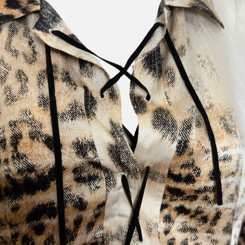 Roberto Cavalli F/W 2001 Ivory And Tan Leopard-Print Lace-Up Shirt