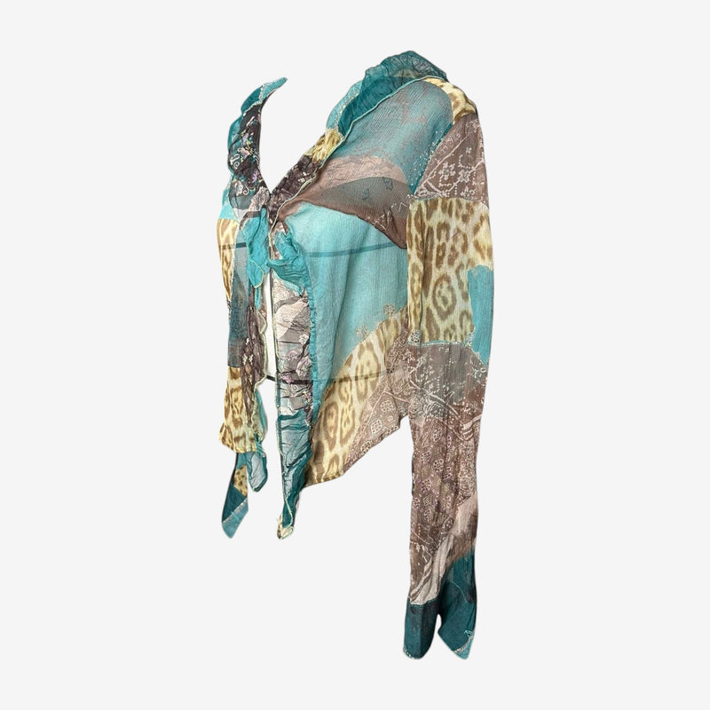 Roberto Cavalli silk chiffon blouse, side profile showing asymmetrical patchwork composition