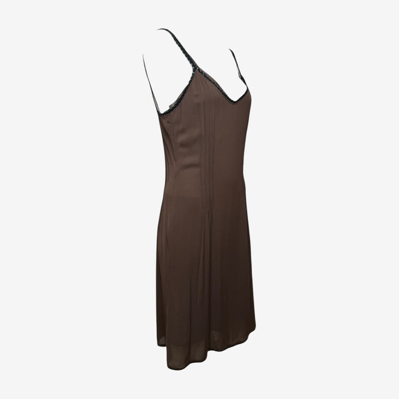 Miu Miu F/W 2000 Brown Pintucked Sequin-Trimmed Slip Dress