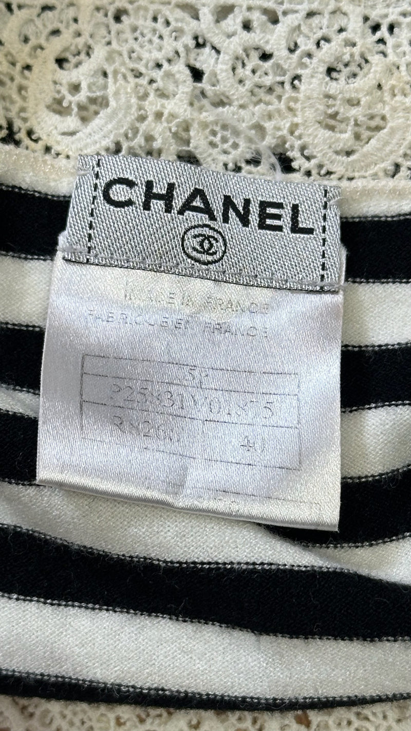 Chanel S/S 2005 Ivory Lace And Black Striped Knit Camisole Top