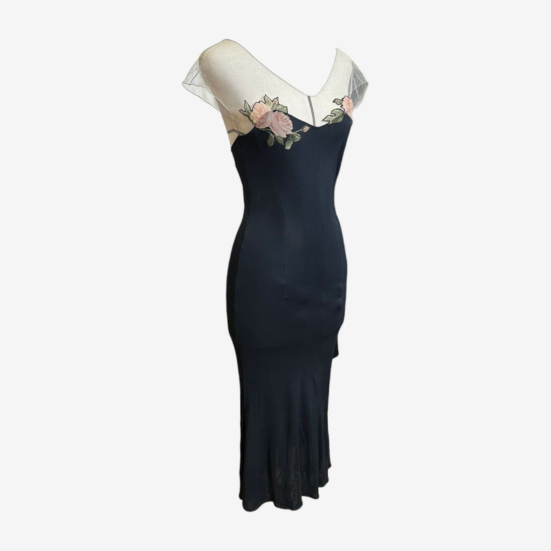 Black Blumarine midi dress with sweetheart neckline and floral appliqué detail
