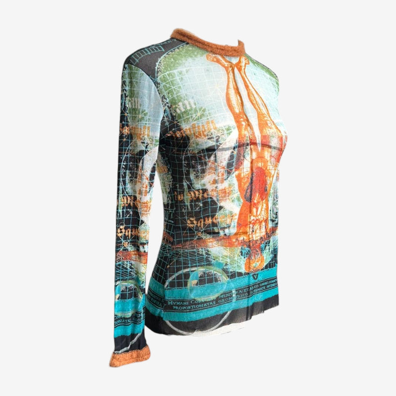 Jean Paul Gaultier anatomical print mesh top, fitted silhouette with orange ribbed trim