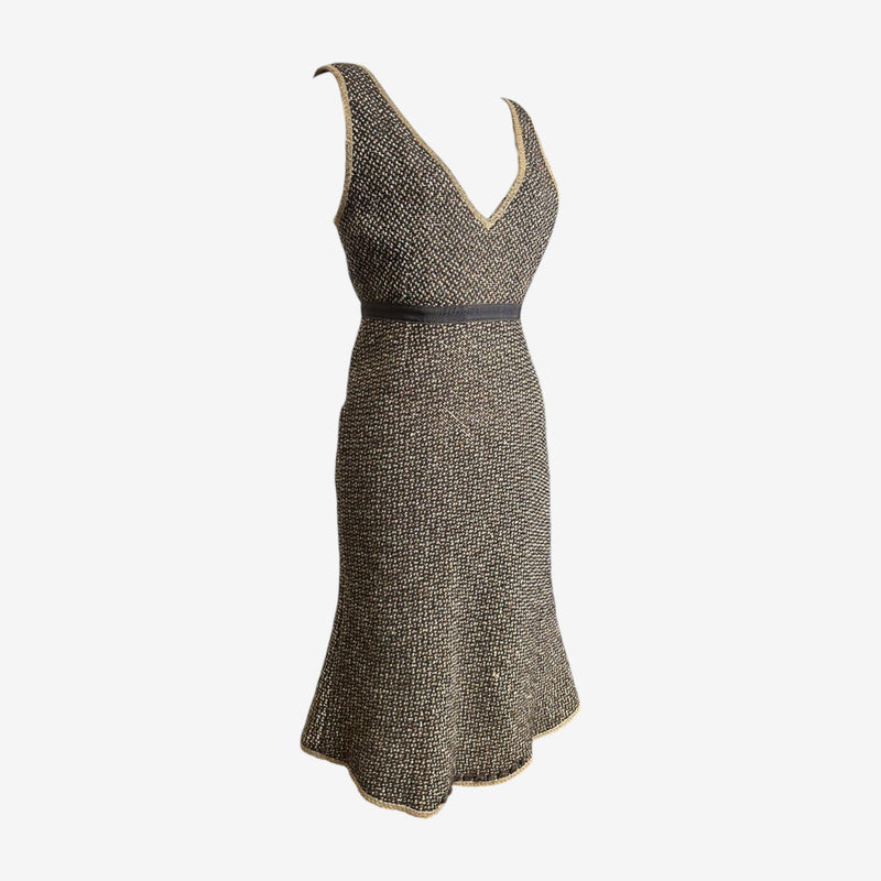Brown tweed midi dress by Prada, close-up detail of geometric pattern and leather belt