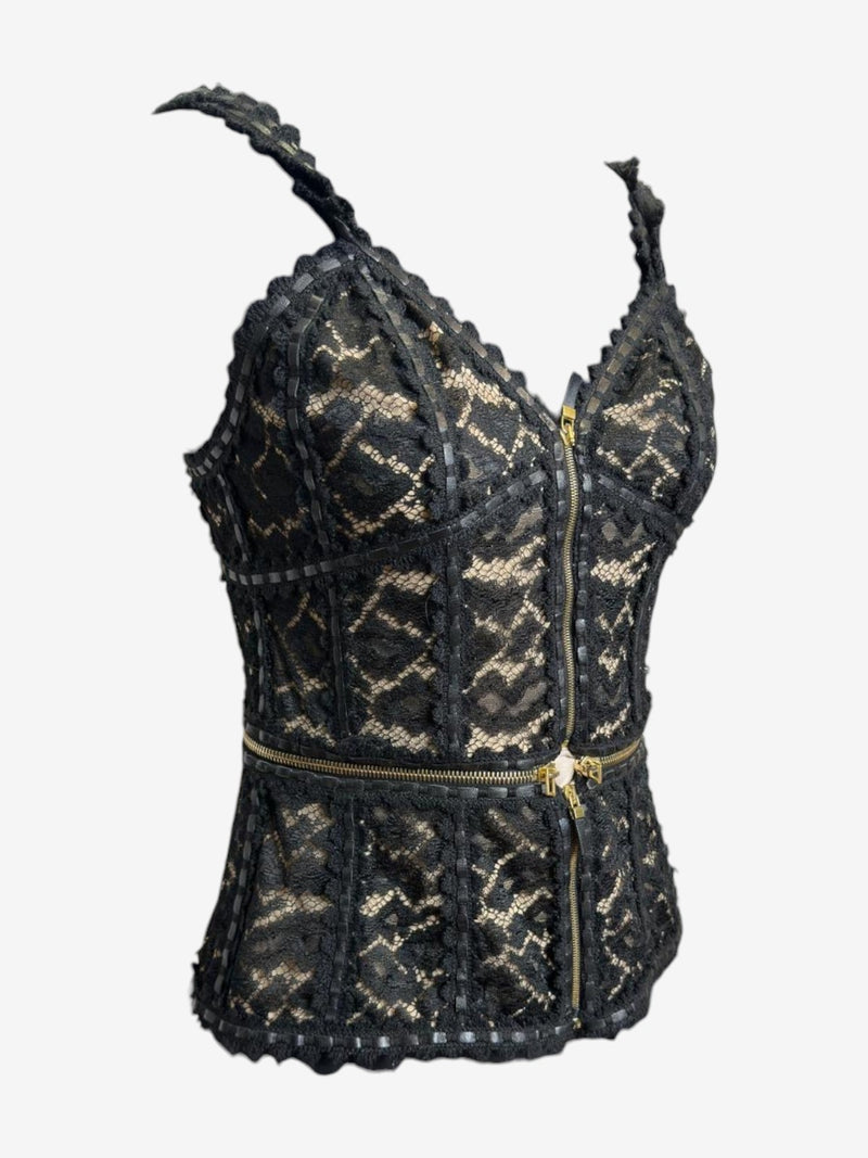 Black lace corset top by Alexander McQueen with underwired cups and adjustable straps