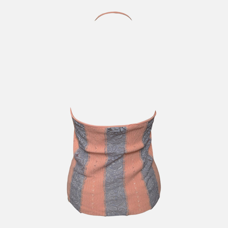 Versace S/S 2005 Peach Pointelle-Knit Lace-Panel Halter Top