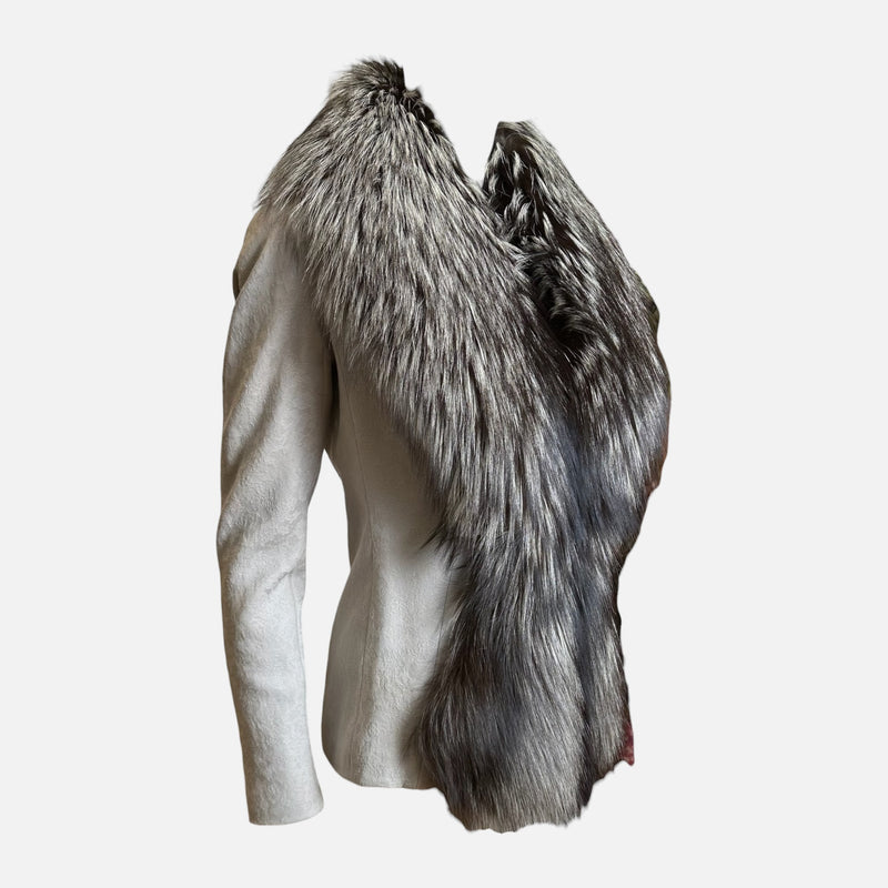 Christian Dior by John Galliano F/W 1998 Ivory Floral Brocade Jacket With Silver Fox Fur Trim