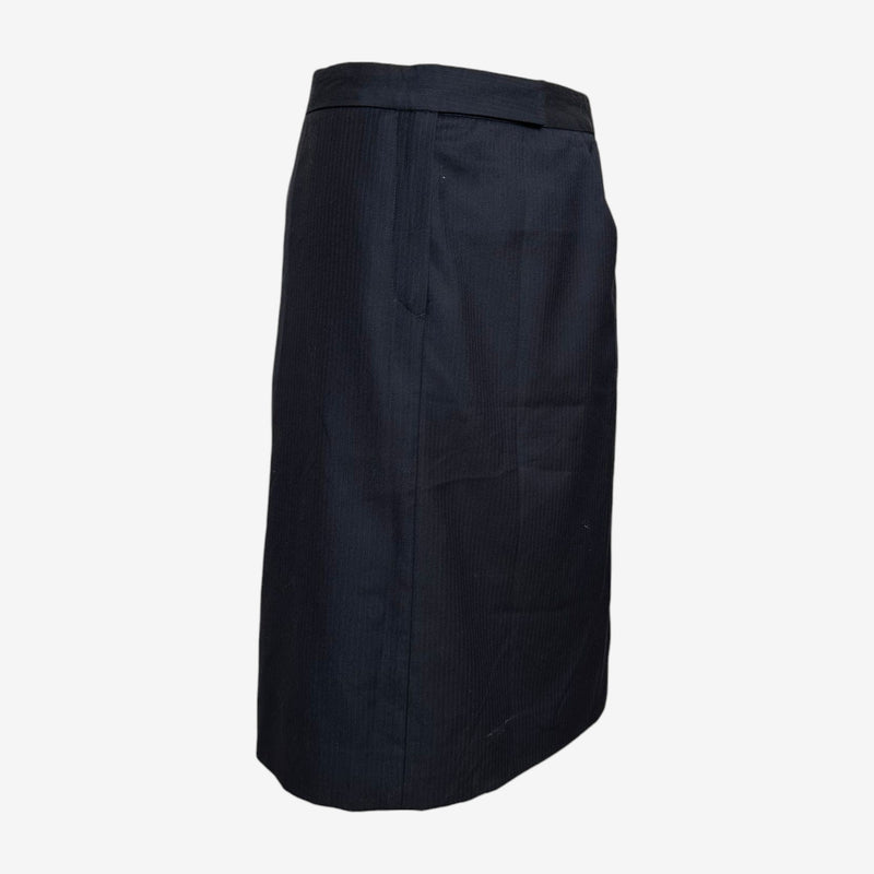 Navy pinstripe wool midi skirt by Maison Martin Margiela, front view with high waistband