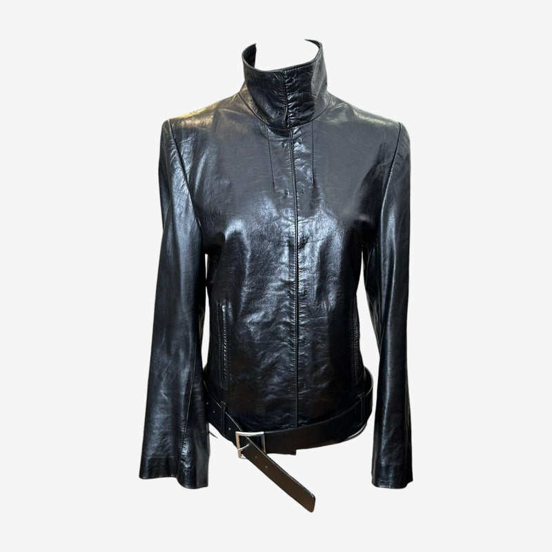 Black leather jacket by Ann Demeulemeester, high funnel neck and fitted silhouette