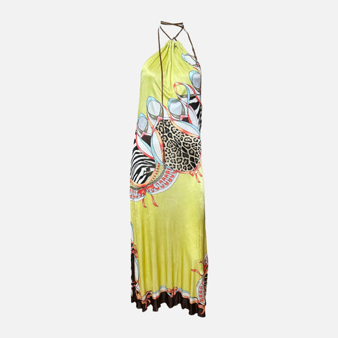 Roberto Cavalli S/S 2004 Yellow Animal-Print Halterneck Open-Back Maxi Dress