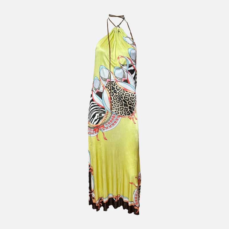 Roberto Cavalli S/S 2004 Yellow Animal-Print Halterneck Open-Back Maxi Dress