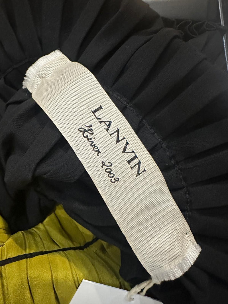 Lanvin Alber Elbaz F/W 2003 pleated dress, charcoal and yellow vertical stripes with dynamic hemline movement