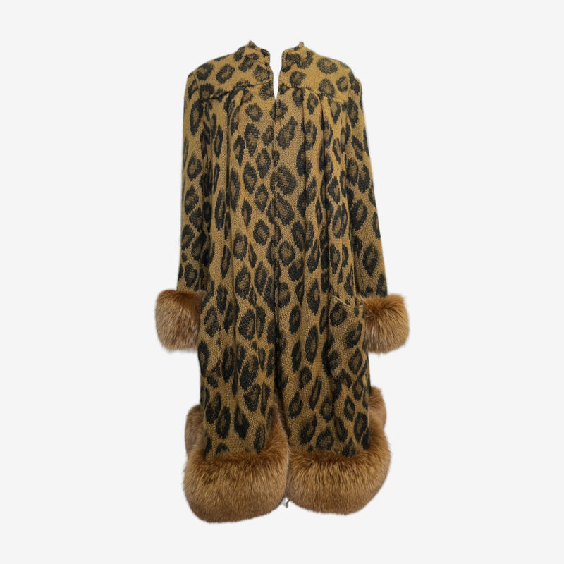 Camel and brown leopard print cashmere coat by Valentino, fox fur trim at hem