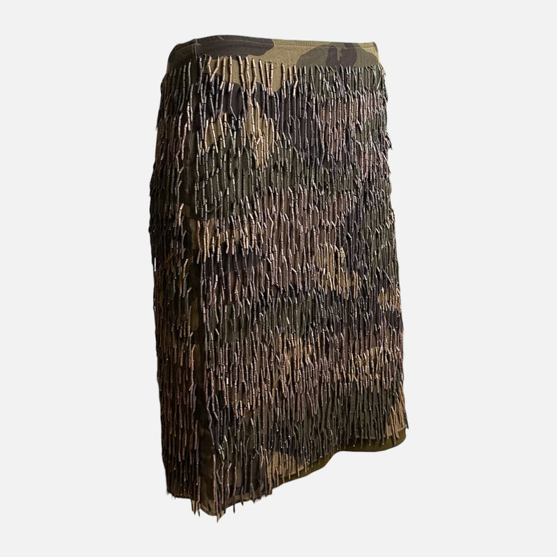 Plein Sud 2000s Khaki Camouflage Bugle-Beaded Pencil Skirt