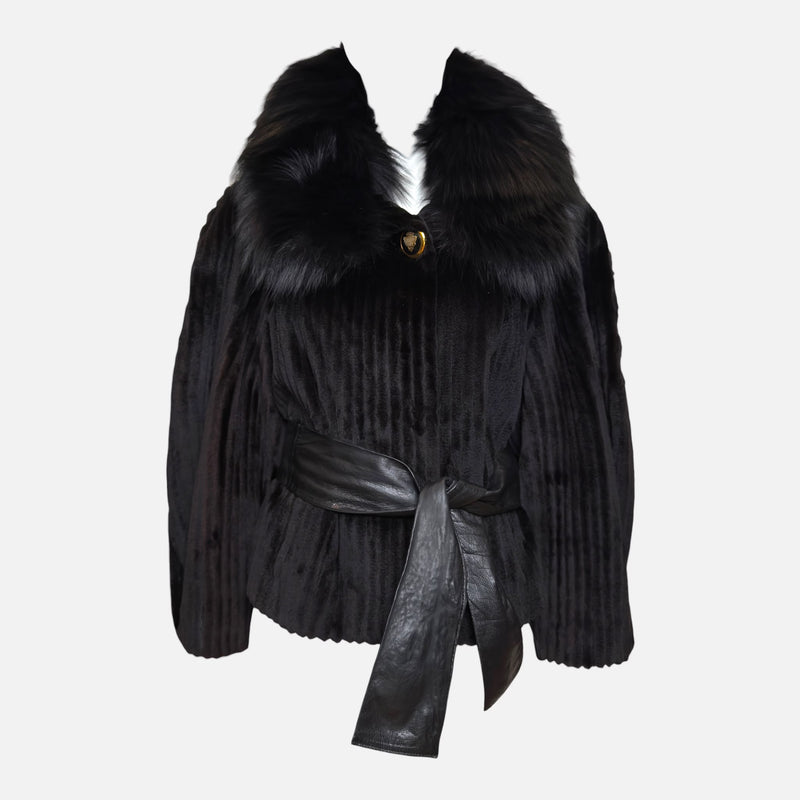 Gucci by Frida Giannini F/W 2008 Black Grooved Mink Fur Jacket With Voluminous Fox Fur Collar And Leather Belt