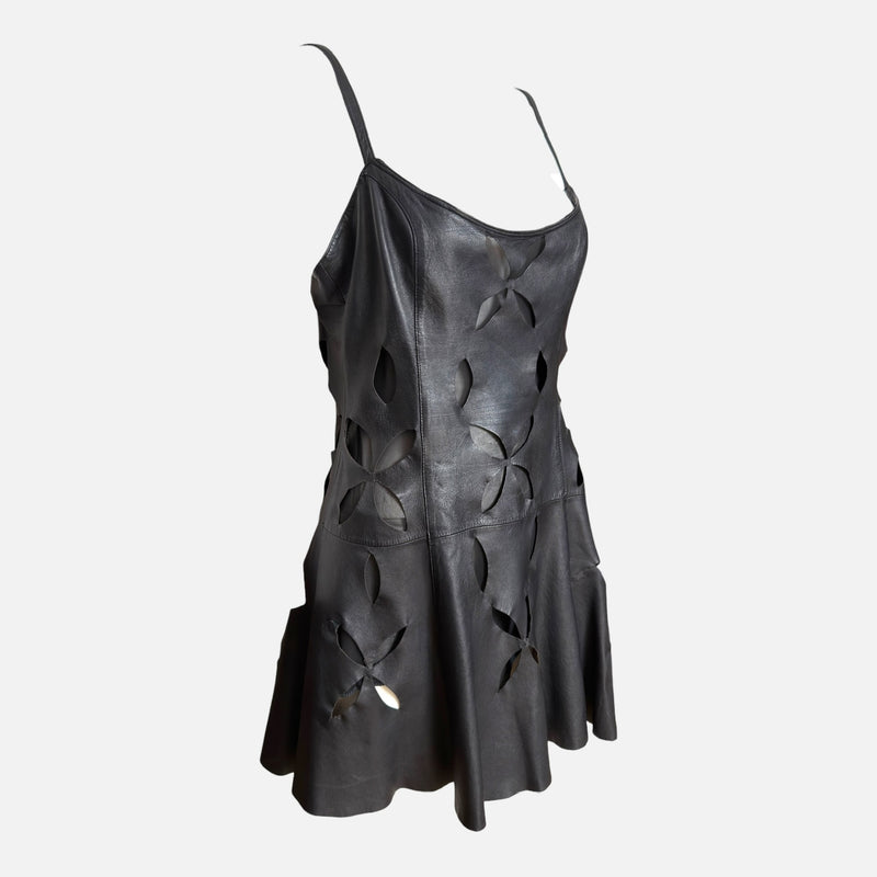 Gianni Versace S/S 1994 Black Leather Cutout-Floral Mini Dress
