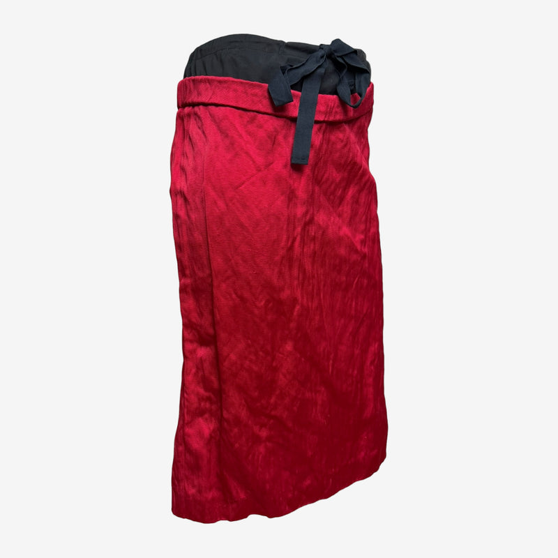 Red crinkled midi skirt by Prada, textured fabric surface treatment, straight hem