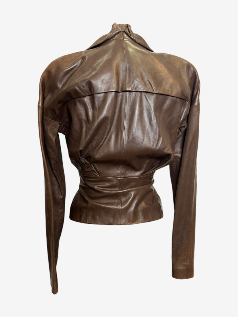 Brown leather wrap jacket by Yves Saint Laurent Tom Ford, interior YSL labeling and construction