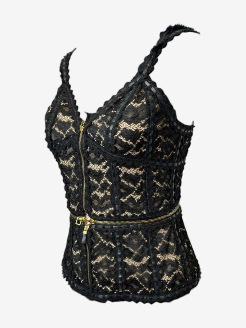 Black lace corset top showing waist zipper and belted effect, Alexander McQueen 2003