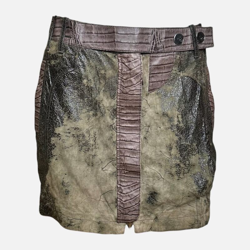 Christian Dior by John Galliano F/W 2006 Khaki Distressed Leather Croc-Embossed Mini Skirt