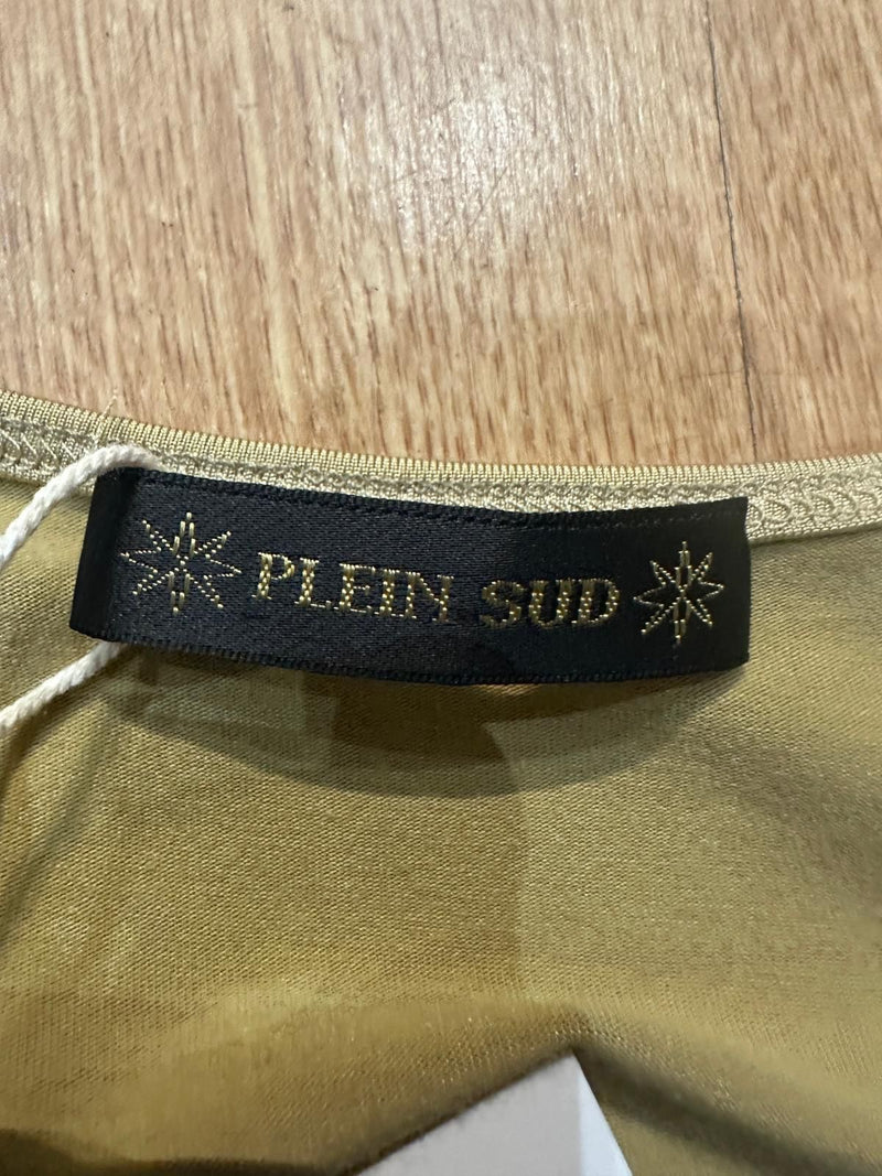 Plein Sud ruched dress flat lay, pale golden beige stretch jersey with spaghetti straps