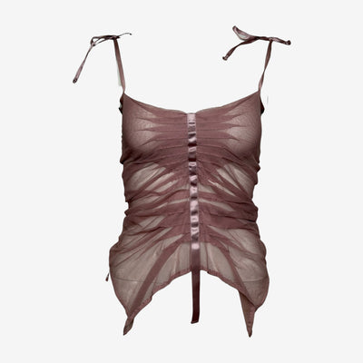 Plein Sud 2000s Mauve Sheer Mesh Ruched Tie-Strap Bustier Top