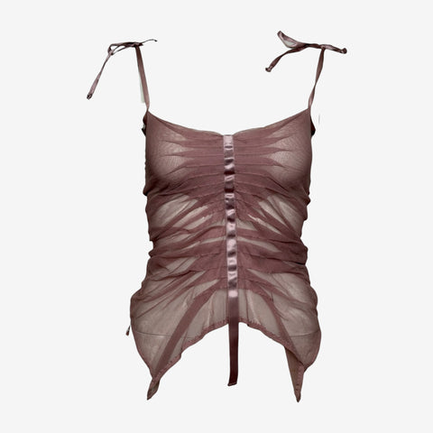Plein Sud 2000s Mauve Sheer Mesh Ruched Tie-Strap Bustier Top