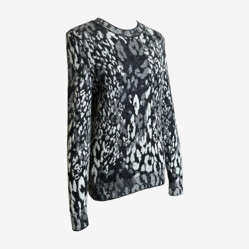 Saint Laurent snow leopard sweater, back view showing all-over pattern and dropped shoulders