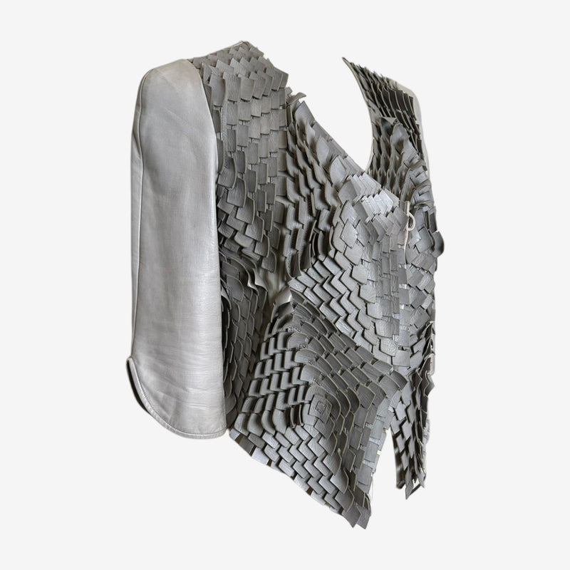 Grey leather jacket by Giorgio Armani, interwoven strip detail showing dimensional layered construction