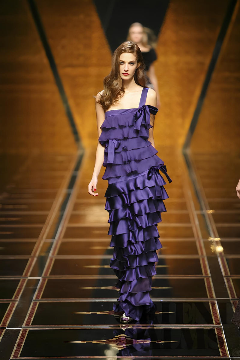 Purple silk satin gown by Valentino, full column silhouette with overlapping tiered ruffle construction