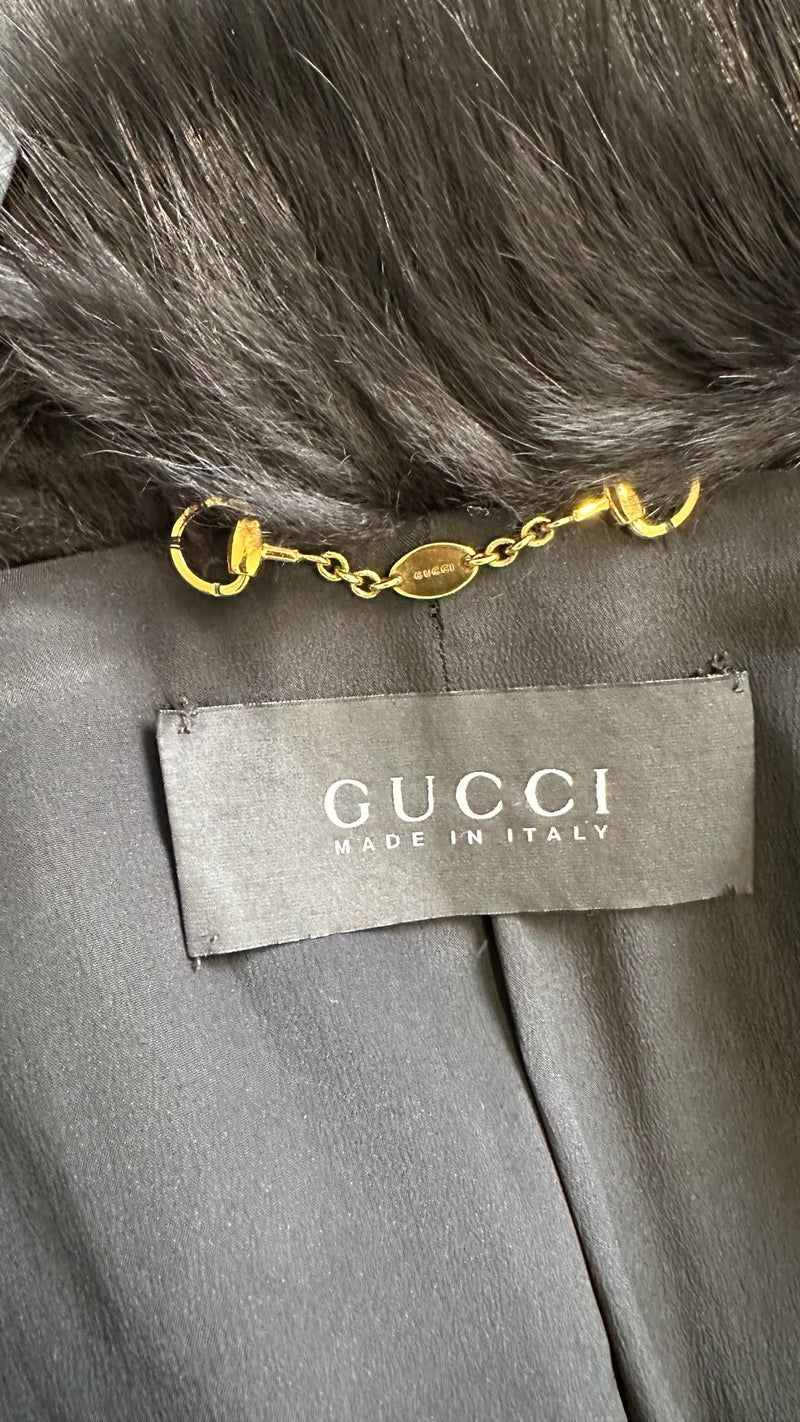 Gucci by Frida Giannini F/W 2008 Black Grooved Mink Fur Jacket With Voluminous Fox Fur Collar And Leather Belt