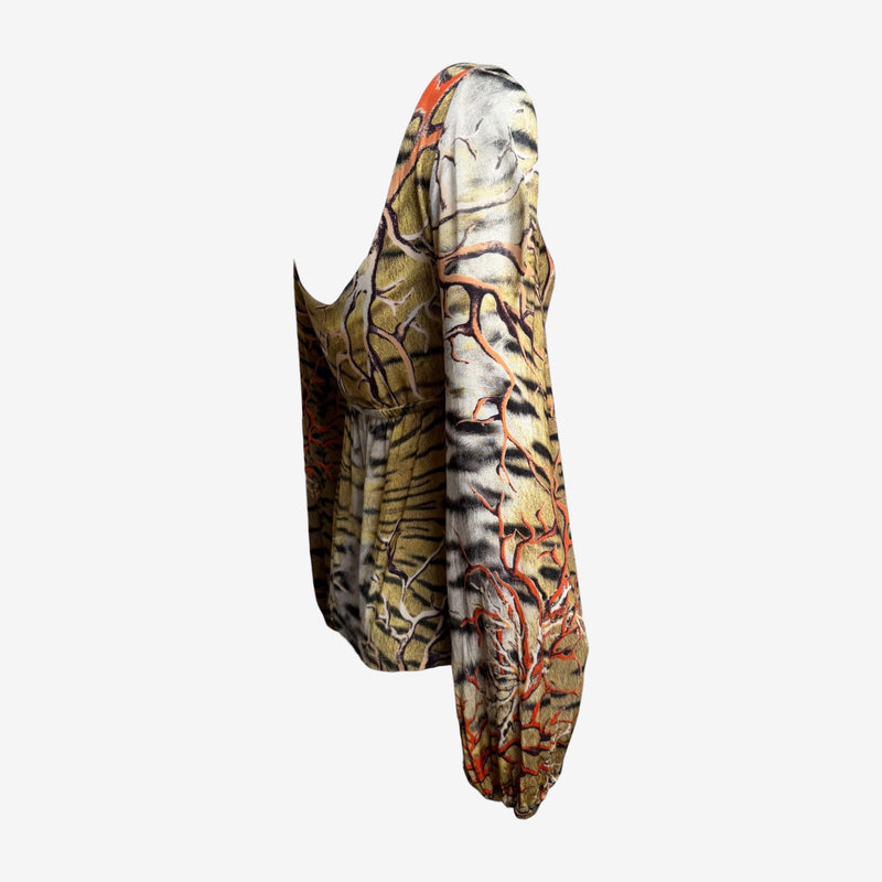 Roberto Cavalli S/S 2005 Tiger And Coral Branch Print Long-Sleeve Blouse