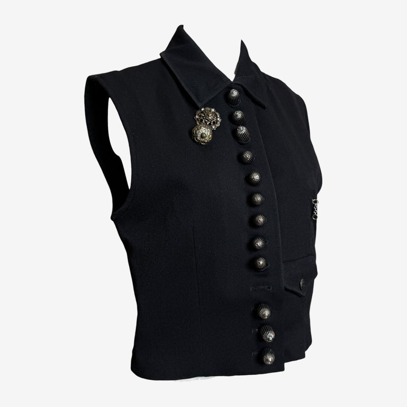 Charcoal wool vest by Helmut Lang, side view showing fitted waist and chest pocket construction