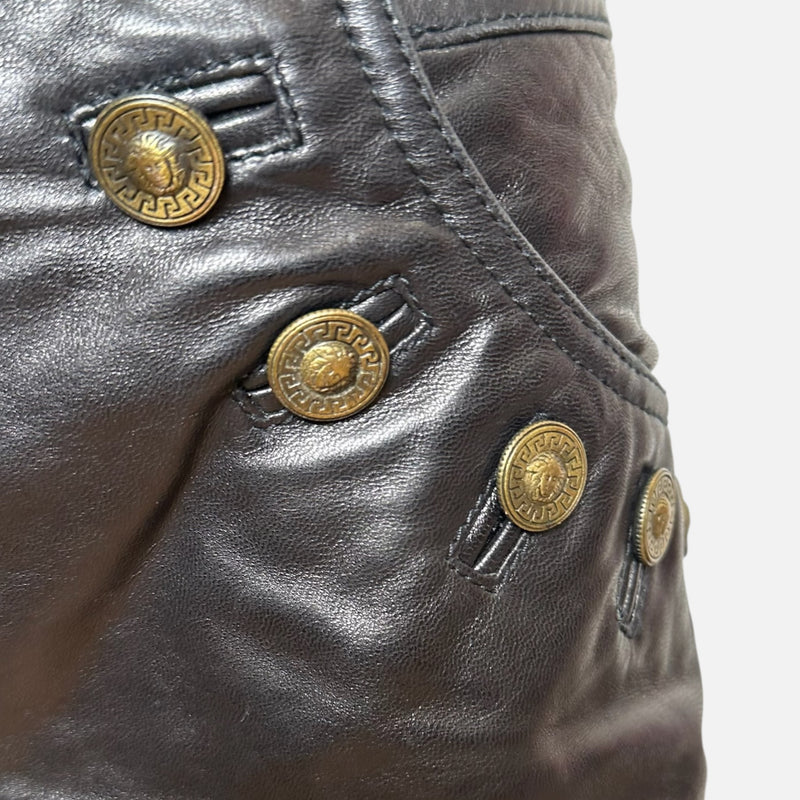 Gianni Versace F/W 1992 Black Leather Medusa-Button Mini Shorts