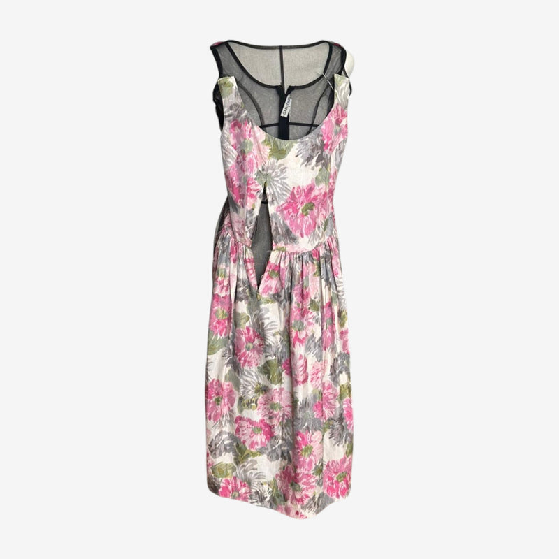 Cream and pink floral printed layered dress by Comme des Garçons, black mesh overlay panel at bodice