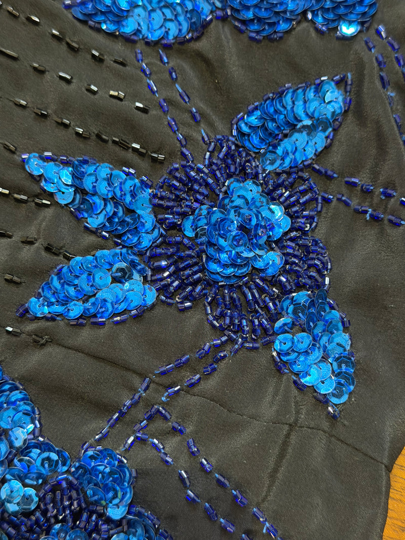 Navy silk chiffon midi skirt with concentrated sequin florals at hemline, Gianni Versace
