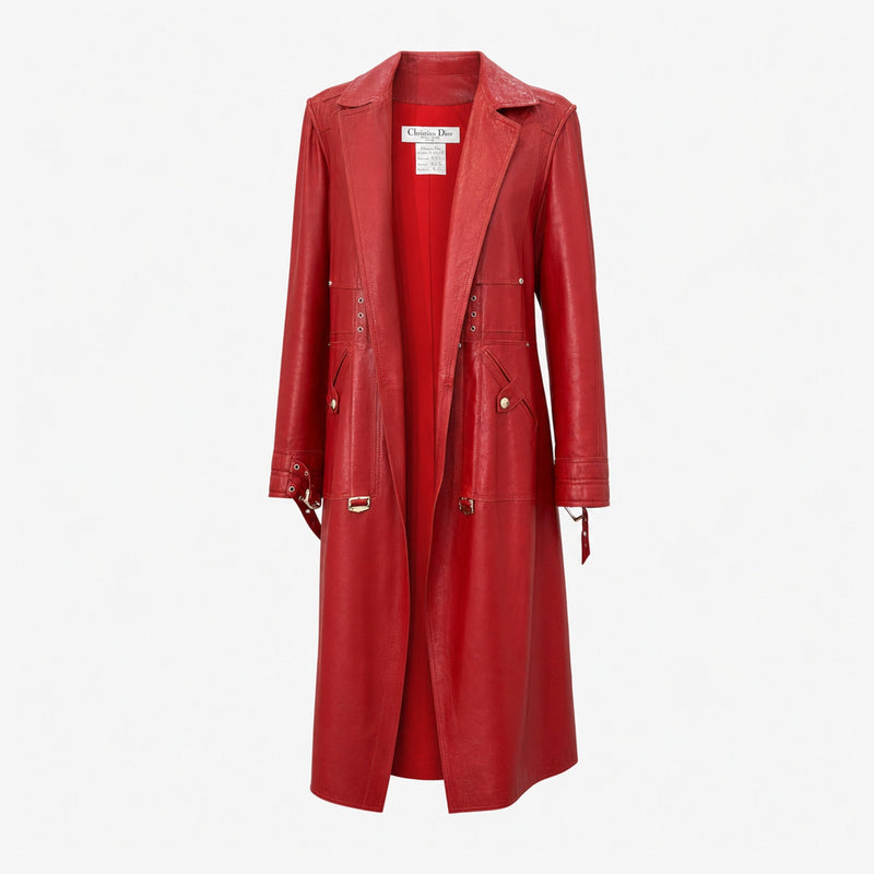 Red leather coat by John Galliano for Dior FW2003, with harness bondage straps